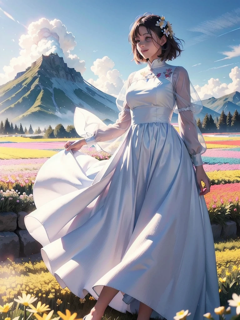 1girl, dynamic angle, cloud and mountain, (flower field:1.4) in the foreground, white dress, light tracing, (floating colorful wind:1)
(photorealistic:1.4), official art, unity 8k wallpaper, ultra detailed, beautiful and aesthetic, masterpiece,best quality, glowing skin, cinematic lighting, light smile