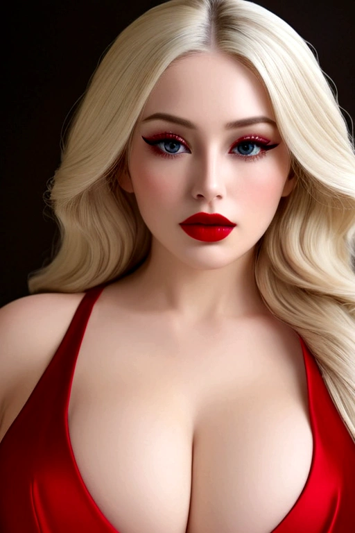 Create the most realistic stunningly gorgeous beautiful glamorous supermodel, hyper realistic detailed gorgeous seductive face, thin curved platinum blonde eyebrows, long luscious eyelashes, black eyeliner, black eye shadow, red lipstick, perfect makeup, curved lips, long luscious platinum blonde hair, perfect hour glass figure, large breast, perfect round ass, hyper realistic detailed tight fitting red ball gown red , showing cleavage, full body portrait,