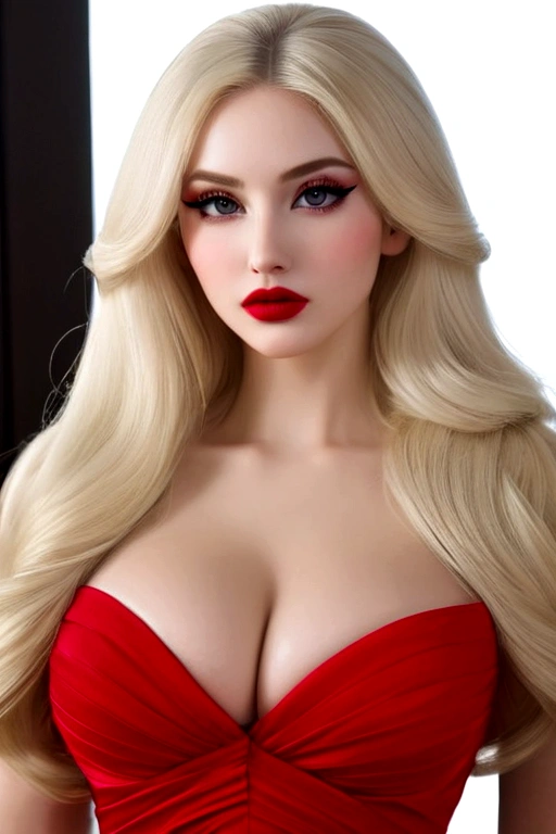 Create the most realistic stunningly gorgeous beautiful glamorous supermodel, hyper realistic detailed gorgeous seductive face, thin curved platinum blonde eyebrows, long luscious eyelashes, black eyeliner, black eye shadow, red lipstick, perfect makeup, curved lips, long luscious platinum blonde hair, perfect hour glass figure, large breast, perfect round ass, hyper realistic detailed tight fitting red ball gown red , showing cleavage, full body portrait,