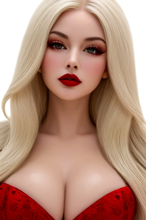 Create the most realistic stunningly gorgeous beautiful glamorous supermodel, hyper realistic detailed gorgeous seductive face, thin curved platinum blonde eyebrows, long luscious eyelashes, black eyeliner, black eye shadow, red lipstick, perfect makeup, curved lips, long luscious platinum blonde hair, perfect hour glass figure, large breast, perfect round ass, hyper realistic detailed tight fitting red ball gown red , showing cleavage, full body portrait,