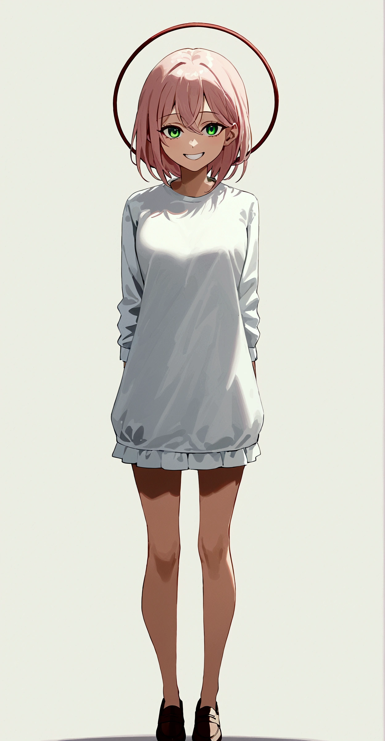 (Masterpiece:1.2, Best Quality), 1 woman, whole body, White sweater , Casual, wide, minimal makeup, , pale,Natural fabrics, closeup face, evil smile, bright eyes circular pupils,8K high resolution, detailed lines, ((whole body))