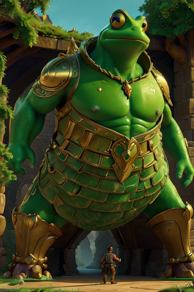 a giant green frog prince, golden armor, big castle background, fairytale, muscular body, highly detailed, 8k, intricate details, cinematic lighting, dramatic composition, fantasy art, vibrant colors, rich textures, hyper realistic, epic scale, magical realism, art by greg rutkowski and lois van baarle