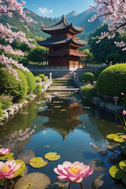 A beautiful detailed peach blossom garden in ancient China, lush peach trees in full bloom, intricate stone bridges, serene ponds with lotus flowers, exquisite traditional Chinese architecture, ancient scholars strolling through the garden, (best quality,4k,8k,highres,masterpiece:1.2),ultra-detailed,(realistic,photorealistic,photo-realistic:1.37),HDR,UHD,studio lighting,ultra-fine painting,sharp focus,physically-based rendering,extreme detail description,professional,vivid colors,bokeh,landscape,intricate details,cinematic lighting,warm color palette