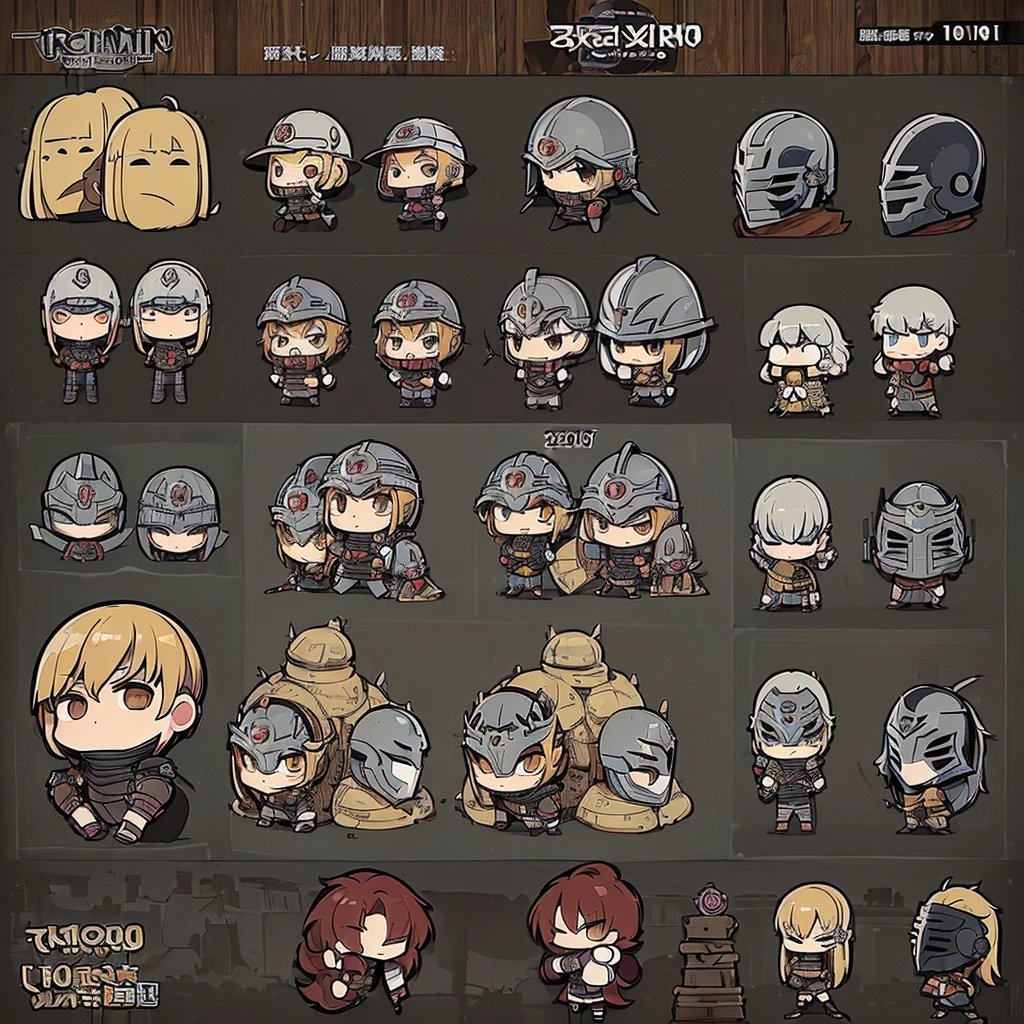 ((((Chibi Character、Character sheet 10 people))))、(((Iron Mask、Iron helmet、Iron Mask))),、Highest quality, Best Quality,Best illustrationedieval Armor、Medieval Knight、Full grey armor、(((20-year-old male)))、battlefield、wasteland、(((Living in the desert)))、(Simple Background)、(Mr.々Expression)