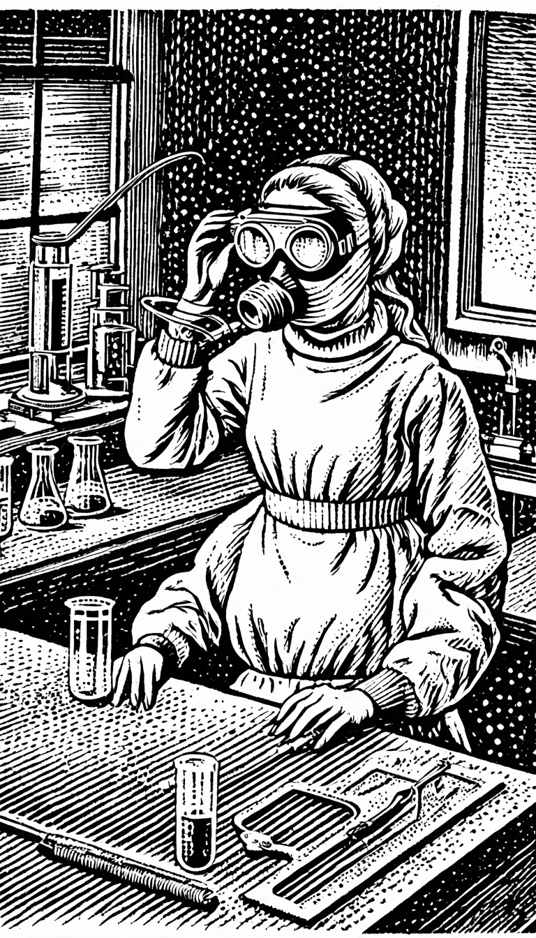 (Black and white woodcut:1.5)、(Second floor in black and white.)、foreground, dark and sinister atmosphere、science woman, wearing a radiation suit, taking a test tube with tweezers, with a microscope on the table,  ((using face masks and protective goggles)), in a laboratory with many flasks and test tubes.