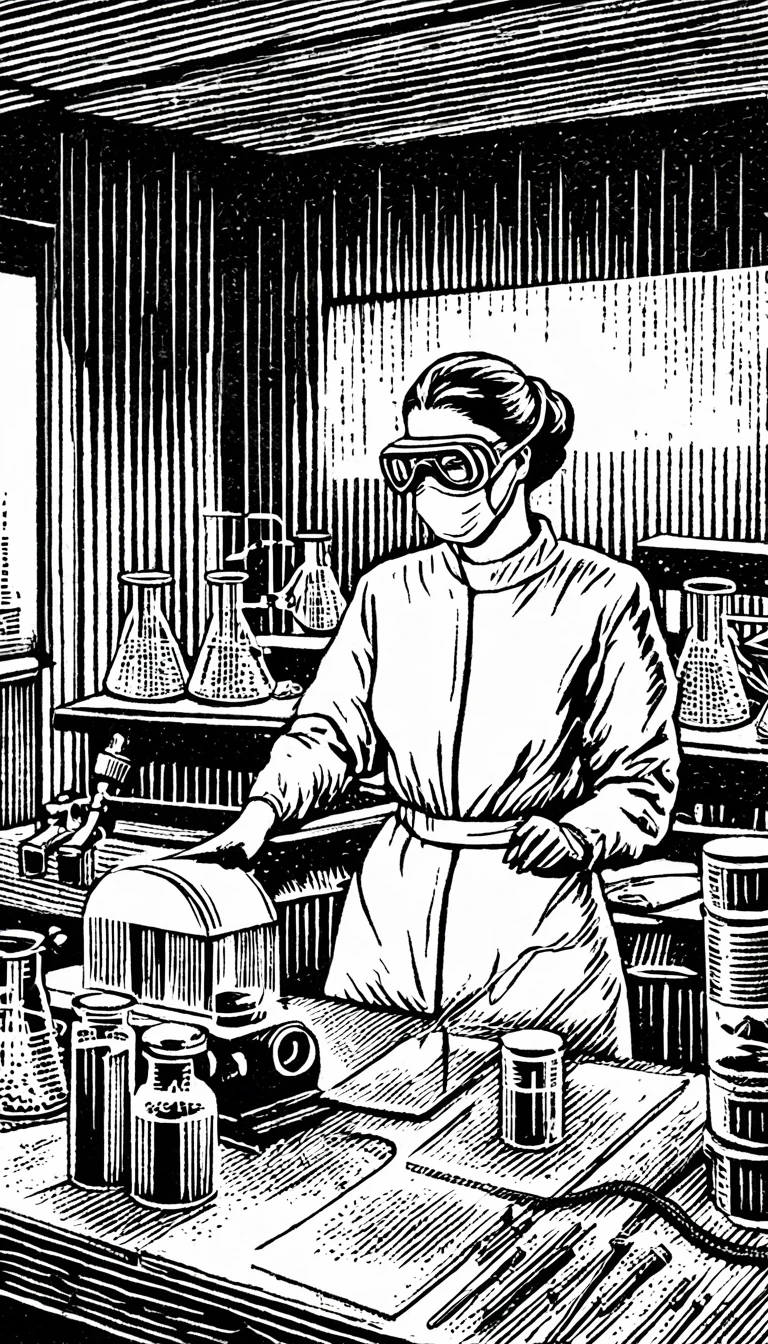 (Black and white woodcut:1.5)、(Second floor in black and white.)、foreground, dark and sinister atmosphere、science woman, wearing a radiation suit, taking a test tube with tweezers, with a microscope on the table, ((using face masks and protective goggles)), in a laboratory with many flasks and test tubes.