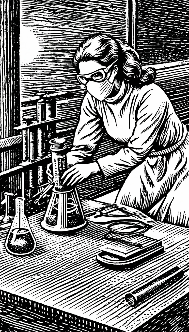 (Black and white woodcut:1.5)、(Second floor in black and white.)、foreground, dark and sinister atmosphere、science woman, wearing a radiation suit, taking a test tube with tweezers, with a microscope on the table,  ((using face masks and protective goggles)), in a laboratory with many flasks and test tubes.