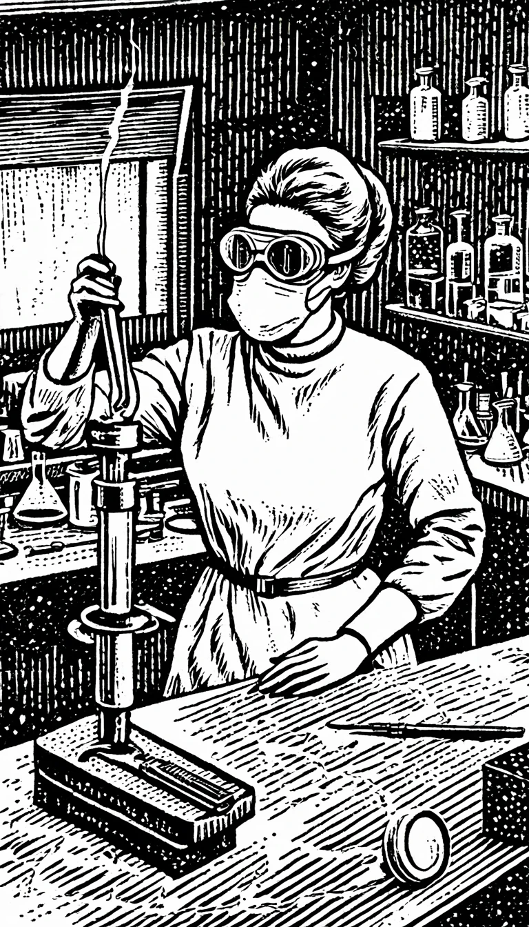 (Black and white woodcut:1.5)、(Second floor in black and white.)、foreground, dark and sinister atmosphere、science woman, wearing a radiation suit, taking a test tube with tweezers, with a microscope on the table,  ((using face masks and protective goggles)), in a laboratory with many flasks and test tubes.