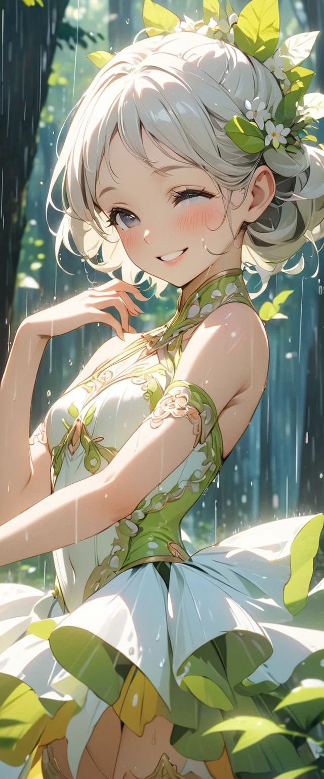 A lovely girl,Wearing beautiful dance clothes.Dancing in the rainy summer forest.Tilt your head and look at people with a smile.Close-up of character( Perfect anatomical structure )The whole body is perfectly presented and beautiful and the texture is extremely delicate，detailed, bright, Animation style high definition and high quality presentation