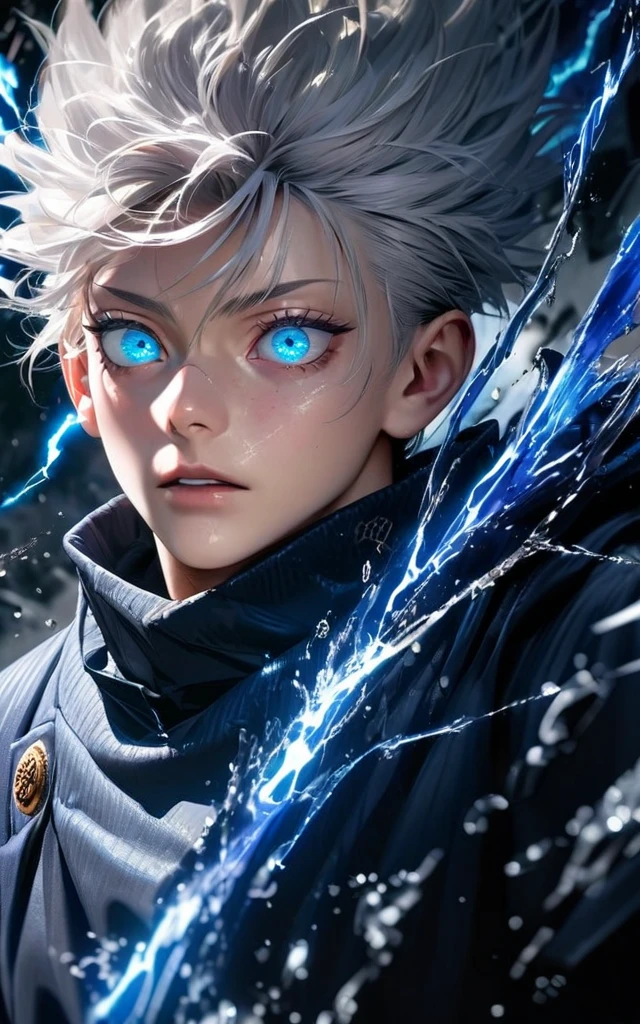 High quality, ultra realistic,absurdres, highres, ultra detailed, HDR, masterpiece, extremely detailed face and eyes, Gojo satoru , jujutsu kaisen,, white hair ,black shirt , solo, ,man, handsome, ,white eyeleshes, blue eyes , Epic fight scene, blue splashing effect,blue lightning effect,glowing glitters , close up,cool eyes, symetrical