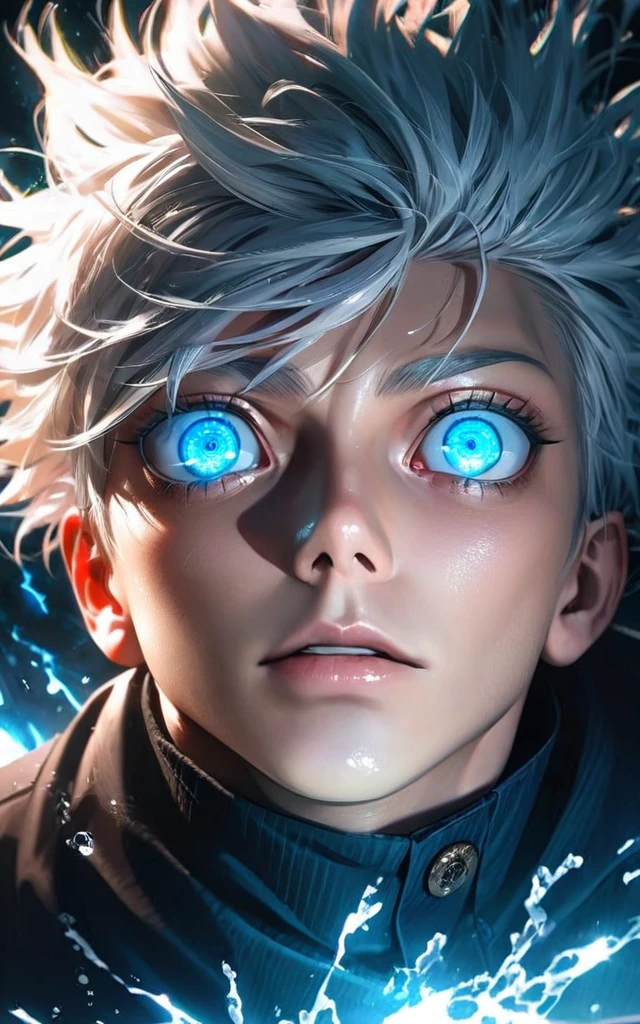  High quality, ultra realistic,absurdres, highres, ultra detailed, HDR, masterpiece, extremely detailed face and eyes,  Gojo satoru , jujutsu kaisen,, white hair ,black shirt , solo, ,man, handsome, ,white eyeleshes, blue eyes , Epic fight scene, blue splashing effect,blue lightning  effect,glowing glitters , close up,cool eyes, symetrical 