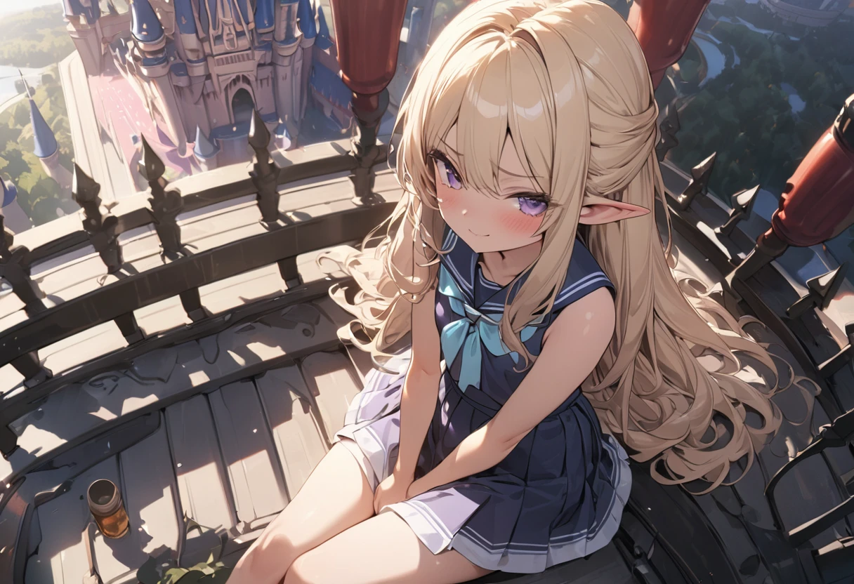 ((Masterpiece)), ((best quality)), (ultra-detailed), ((kawaii)), ((extremely detailed)), 4K, (8K), (super detail:1.2),(High Definition:1.3), (Professional Photography:1.2), from above, (wide shot), cinematic lighting, (sharp focus), (perfect light), ((1girl)), ((12 years old)), cute young girl, (very smug), (Beautiful purple eyes:1.2), (dark skin), elf girl, (small chest), (Embroidered cute school uniform)), (bare arms), cute navel, (Healthy slim body), (long bangs), silky and straight hair, long hair, ((beautiful blond hair)), BREAK, ((best quality)), ((extremely detailed)), (loose sitting on the rooftop), (the Disney Resort), Cinderella Castle spreading out below,