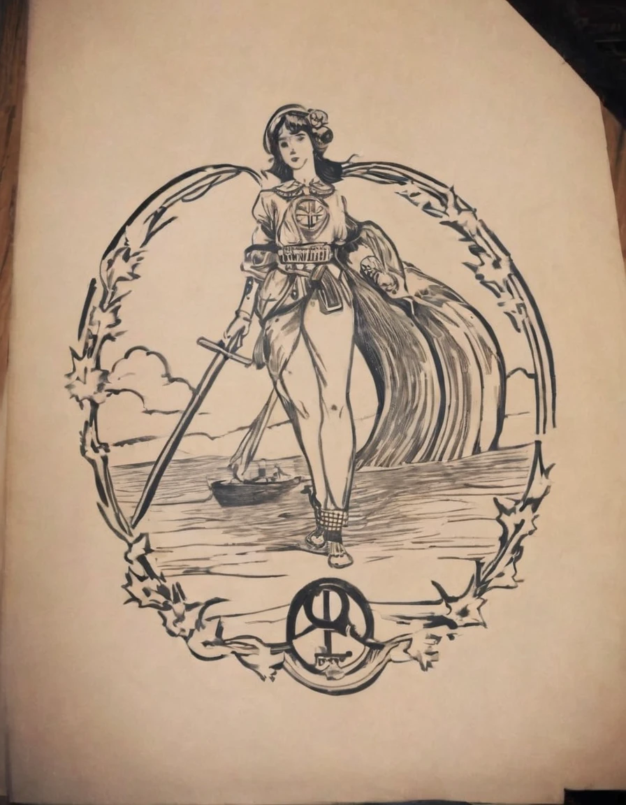 Classic American traditional tattoo style 1girl berserk symbol, berserk tatoo, slim, fit, thin body, Bold lines, nautical elements, retro flair, symbolic