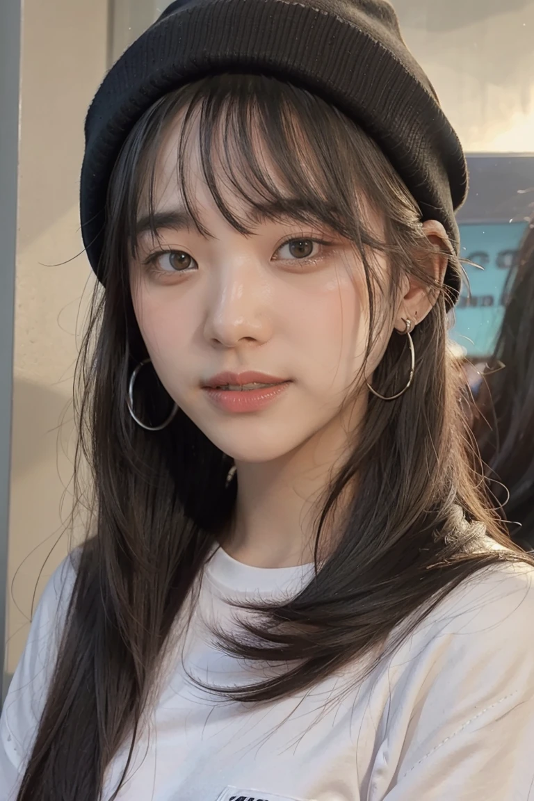 1girl, solo, long hair, black hair, written clothes, brown eyes, looking at the viewer, beanie, lips, upper body, closed mouth, shirt, earrings, https://i.postimg.cc/tCDfNDvp/Screenshot-20230606-212445.png