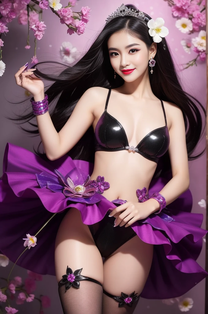 sexy Thai model who controls poison、beautiful smile、lipgloss、bold lipstick、intense makeup、look at the camera、full body Esbian、、sparkling poisoned flower costume、、、、sparkling Colorful hair、secrete poison、skull hair accessories、sexy tights、shiny sparkling flowers background