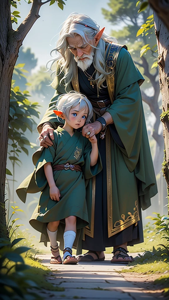 The young elf, with golden hair and blue eyes in a brown tunic, is speaking to the old elf man in the green robe with silver hair.
They are standing under a large, ancient tree with intricate carvings on its trunk.