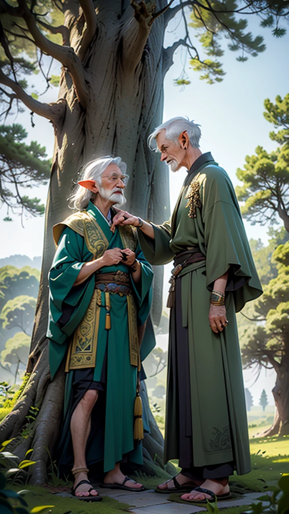The young elf, with golden hair and blue eyes in a brown tunic, is speaking to the old elf man in the green robe with silver hair.
They are standing under a large, ancient tree with intricate carvings on its trunk.