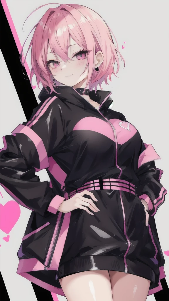 Cute anime female, short pink hair, black yakuza covered suits with paint, earrings, heart eyes, smirking, no revealing clothes