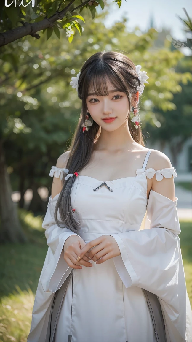 masterpiece, best quality, 1girl, solo, long hair, looking at viewer, smile, bangs, hair ornament, red eyes, long sleeves, dress, standing, collarbone, white hair, grey hair, alternate costume, wide sleeves, tree, chinese clothes, hairpin, hanfu, ningguang (genshin impact), Ningguang,  