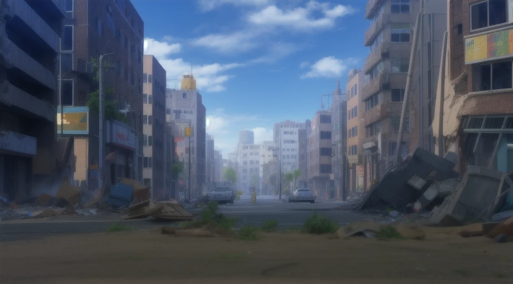 destroyed city, street with deep hole