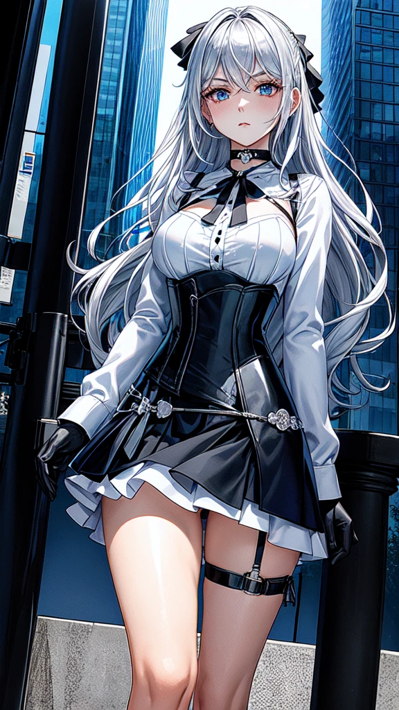 Best Quality, better resolution,  1 girl, serious expression, city background, , silver hair, choker:1.6, (long sleeve white collar buttoned shirt), (shiny black corset), black gloves covering your hands, (shiny black miniskirt), ,