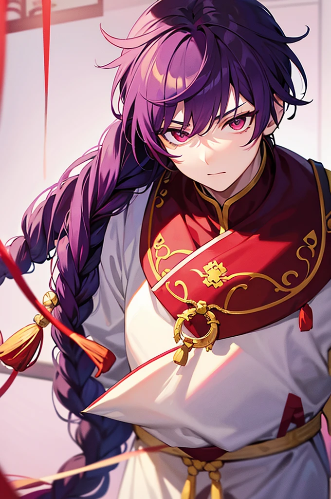 Purple Hair、Red eyes、White background、Anime characters、Knot、Braid、A man wearing Chinese clothing、Black and yellow outfit、A young man with a determined look、Man standing facing forward、Adult male