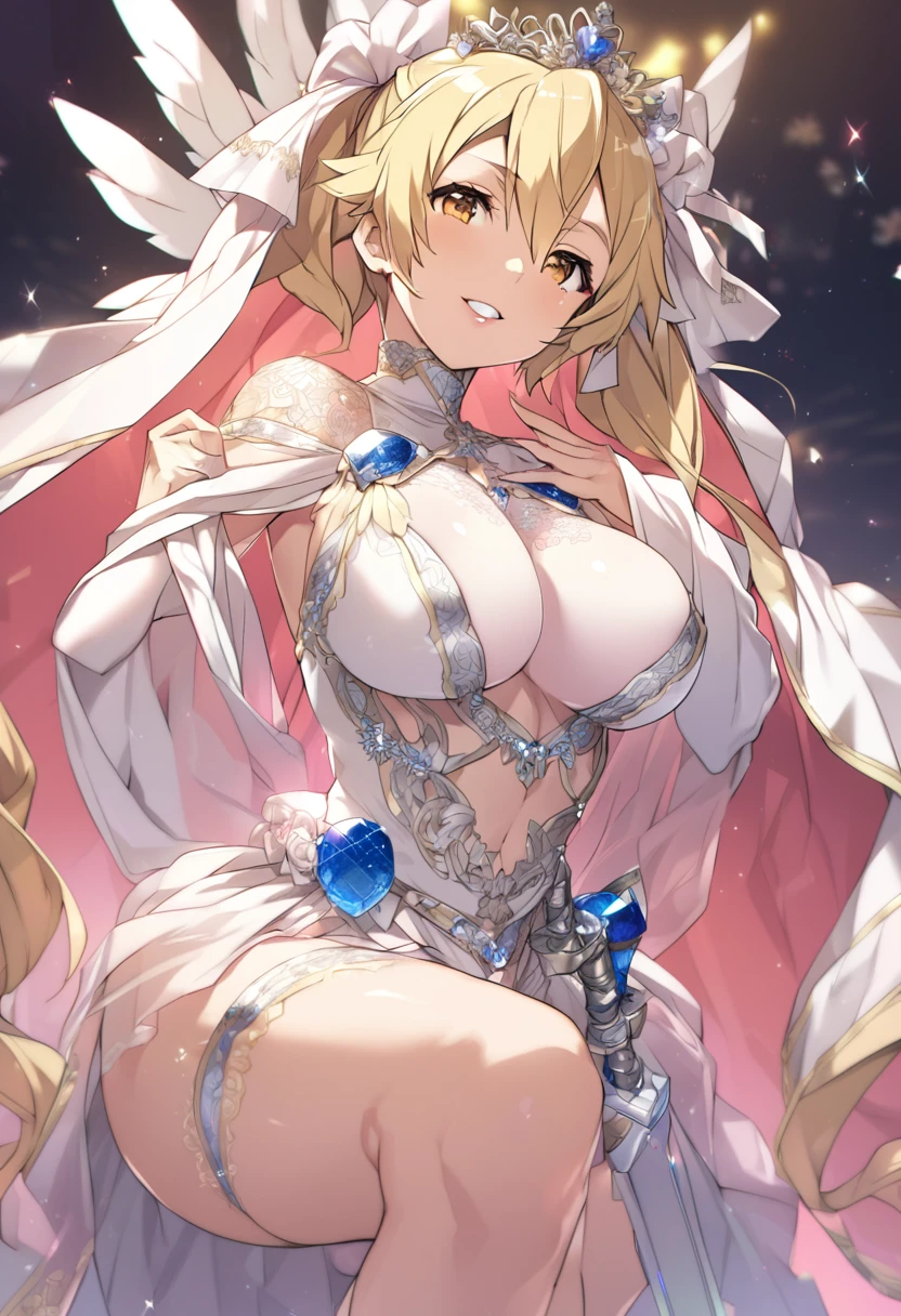 1woman, ((Sinon, Sword Art Online)), y, 25years old, beautiful face sharp, elegant woman, Ultimate perfect body style, beautiful beautiful bigaximize upturned breasts, glossthick lips, pink lipstick, smile:1.5, Angel costume with elaborate decorations, vibrant colors, and a skirt. The costume features delicate silver embroidery, sparkling diamonds, flowing chiffon fabric, ornate shoulder wings, a high neckline, long flowing sleeves, a jeweled waistband, a radiant halo, intricate lace patterns, a tiara adorned with sapphires, and a luxurious satin texture,