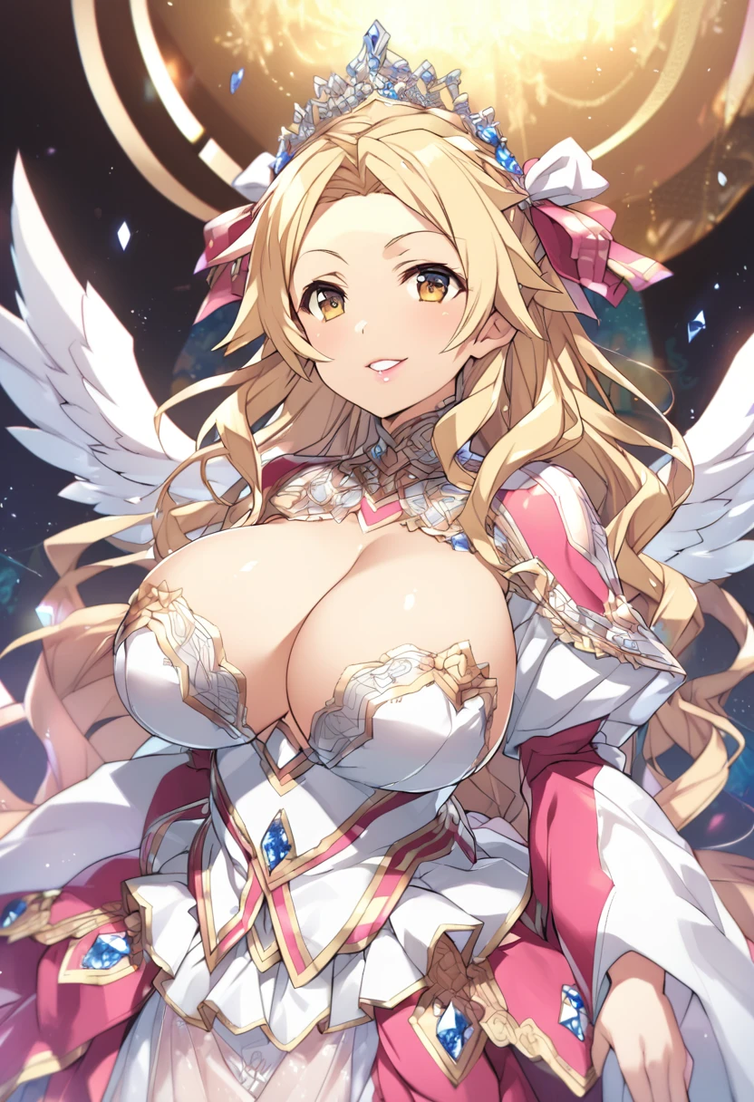 1woman, ((Sinon, Sword Art Online)), , 25years old, beautiful face sharp, elegant woman, Ultimate perfect body style, beautiful beautiful , Maximize upturned , glossy very thick lips, pink lipstick, smile:1.5, Angel costume with elaborate decorations, vibrant colors, and a skirt. The costume features delicate silver embroidery, sparkling diamonds, flowing chiffon fabric, ornate shoulder wings, a high neckline, long flowing sleeves, a jeweled waistband, a radiant halo, intricate lace patterns, a tiara adorned with sapphires, and a luxurious satin texture, 