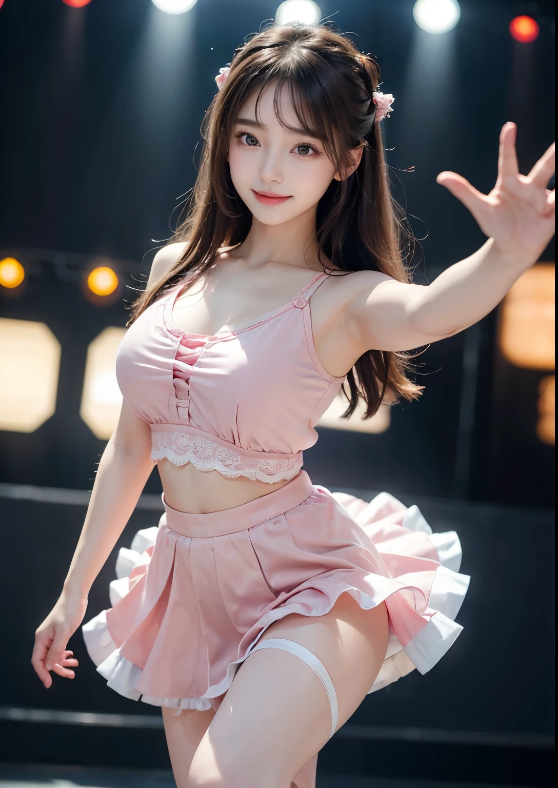 (8K、Raw photography、Photorealsitic:1.25)、1、(18 year old woman with beautiful perfect face、Expressing the joy of dancing with color)、ballet lyrical bending Pose, Line Dance、lipgloss、long eyelashes beautiful look、shiny bare skin、top-quality、超A high resolution、Stage costumes with many jewels shining、Bask in the lights on the stage、mixed colorful pretty cute a above knee length pink High Waist Lace Trim Mini A-Line Layered Skirt、Photograph the whole body、Reduce depth of field, Korean pretty girl, pretty, cute, sweet, happy face, smile, bright skin, soft skin, realistic skin, navel, cute round perfect young breasts,