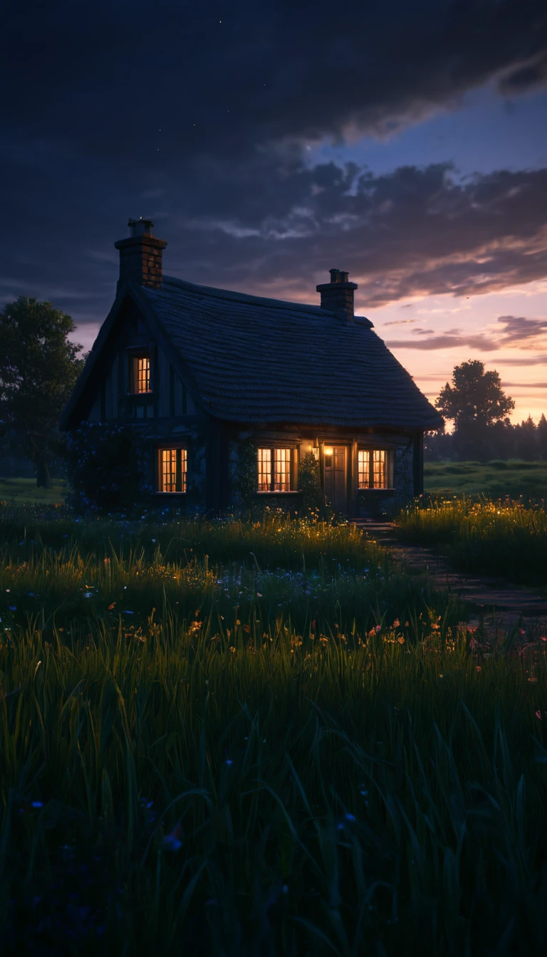 {{Masterpiece, Best Quality, Extremely detailed CG, unity wallpaper 8k, cinematic lighting}}, dark sky, cottage, meadow during sunset