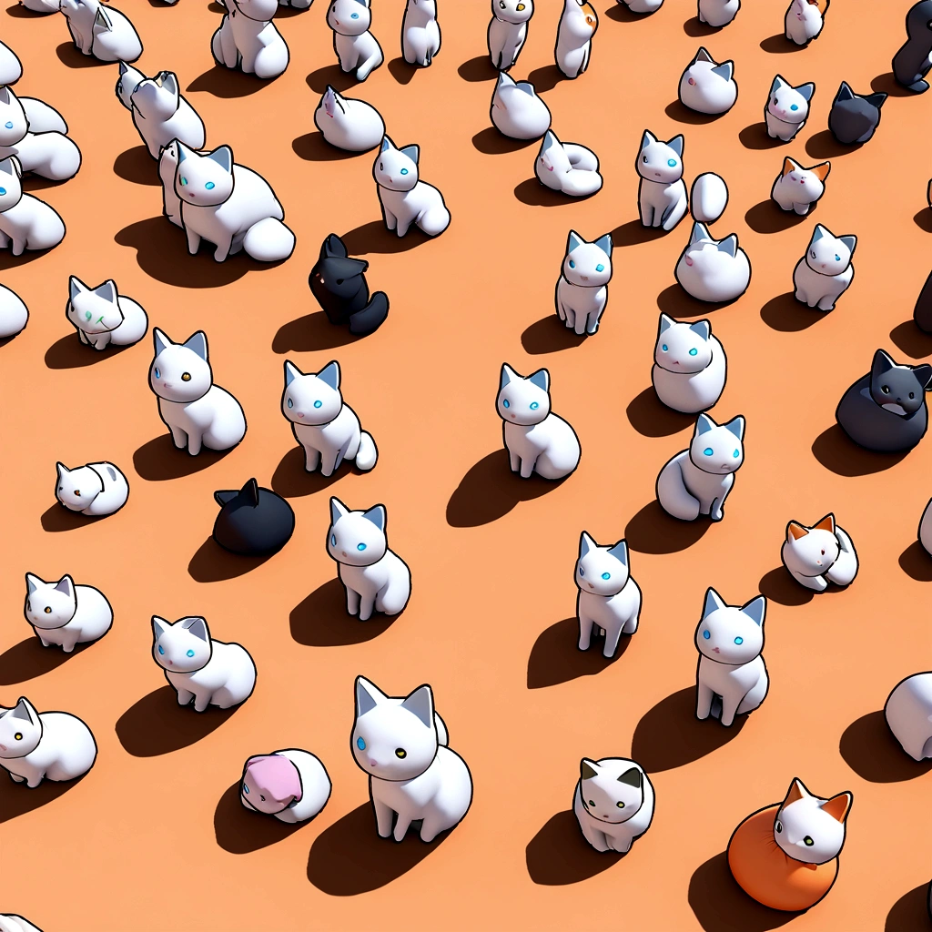 Small and cute isometric cat emoji, Tuxedo Jack, Three-haired cat, Hairy pubic hair，Cute big breasts, Pet shop background, Soft and calming colors, 3D icon clay rendering, spring: 120mm, 3D Blender Rendering, Trend with poly count, Modular constructivism, Orange background, Physically Based Rendering, The middle kitten raised her hand