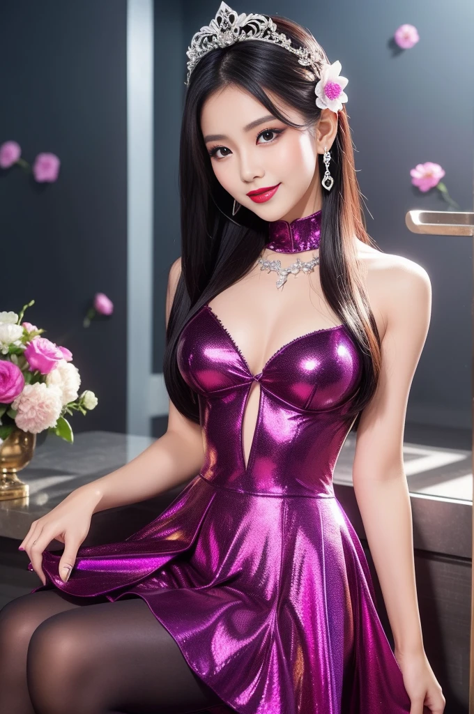 sexy Thai model who controls poison、beautiful smile、lipgloss、bold lipstick、intense makeup、look at the camera、full body Esbian、、sparkling poisoned flower costume、、、、sparkling Colorful hair、secrete poison、skull hair accessories、sexy tights、shiny sparkling flowers background
