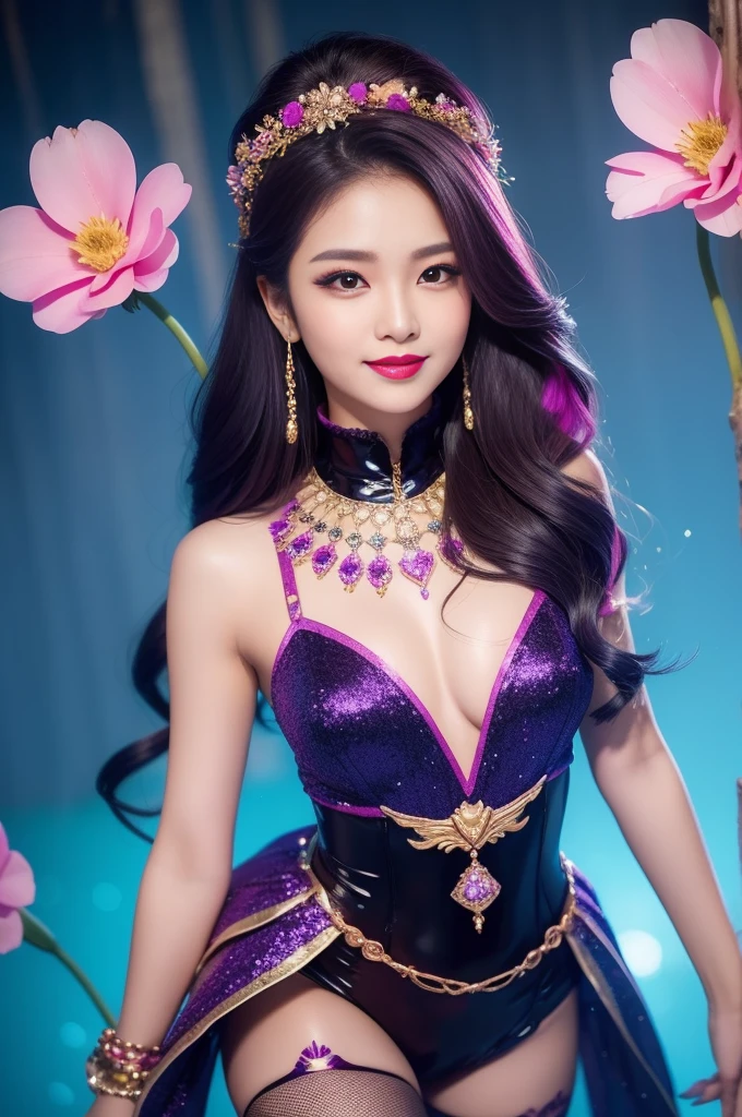 sexy Thai model who controls poison、beautiful smile、lipgloss、bold lipstick、intense makeup、look at the camera、full body Esbian、、sparkling poisoned flower costume、、、、sparkling Colorful hair、secrete poison、skull hair accessories、sexy tights、shiny sparkling flowers background
