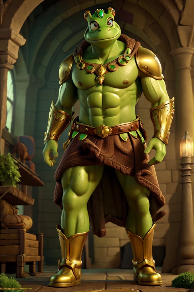a giant muscular green frog prince, golden crown, golden armor, fantasy city background, fairytale fantasy, ornate buildings, green boots, highly detailed, 8k, intricate, photorealistic, masterpiece, beautiful lighting, cinematic, dramatic, epic scale