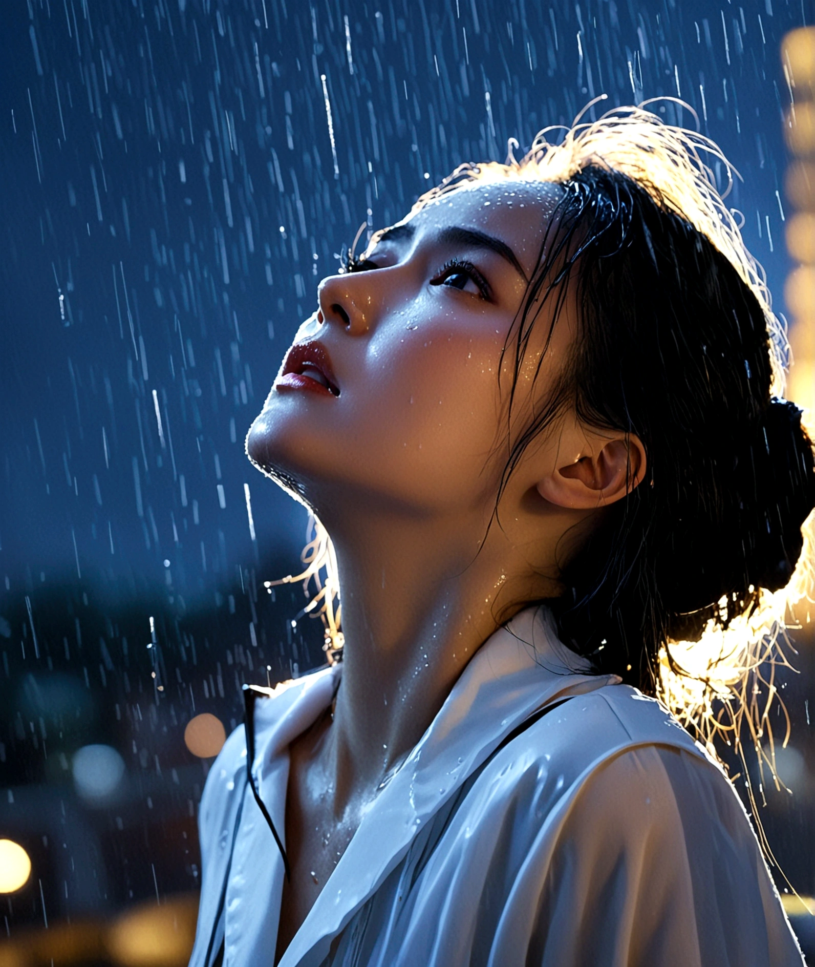 historical fantasy, ultra high res, 1girl, aesthetic, tearful face, refined and daunting, heavy breathing, night view, rain, upper body, wet, Looking up at the sky, Tears streaming down
