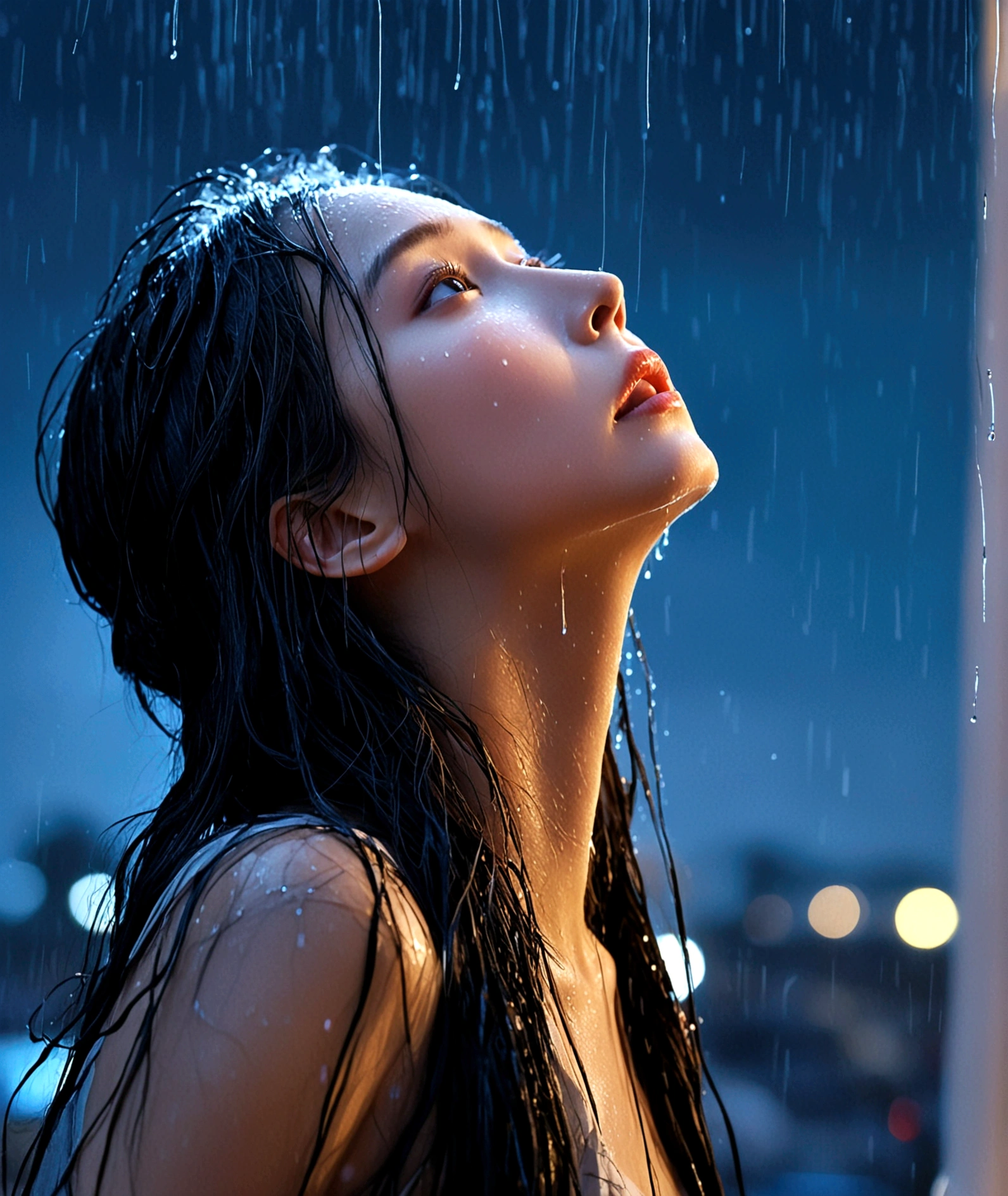 historical fantasy, ultra high res, 1girl, aesthetic, tearful face, refined and daunting, heavy breathing, night view, rain, upper body, wet, Looking up at the sky, Tears streaming down