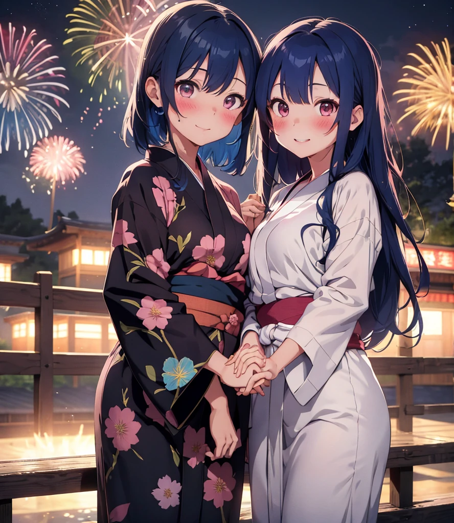 Master piece, extremely detailed, high resolution, Haruba Negi style, girl, holding hands with a boy, yukata, yukata with morning glory pattern, dumpling hair, blue hair, fireworks display background, holding a fan, camera eyes, middle chest, constricted waist, glossy plump lips, glossy hair, pink lips, happy expression to see my boyfriend, blushing cheeks and embarrassed, Tanabata date,