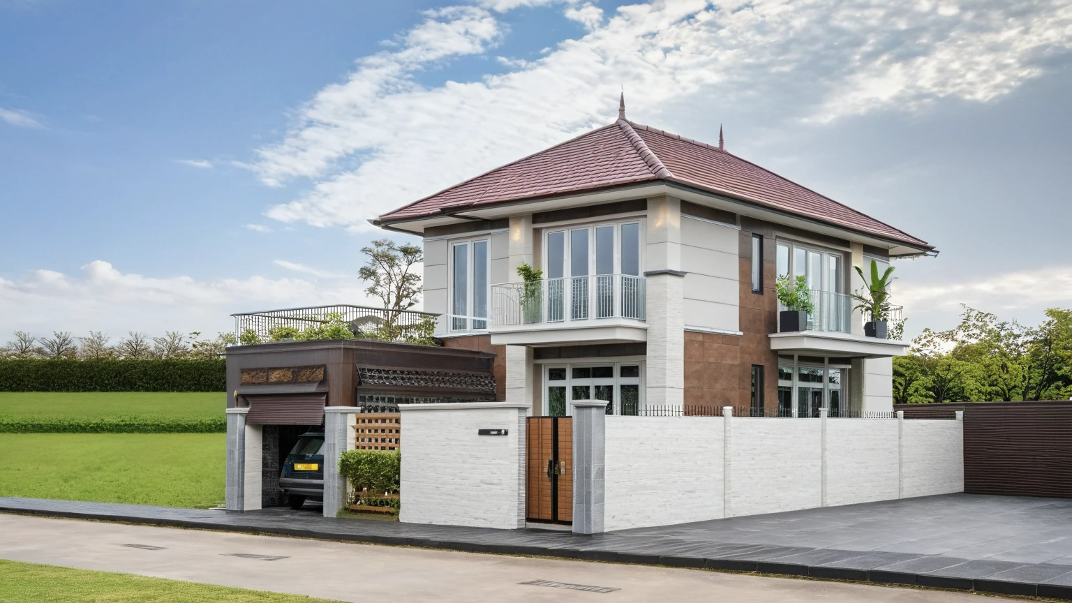 Raw photo,Masterpiece, high quality, best quality, authentic, super detail, exterior, outdoors, house style modern on the street,pavement, grass, trees, sky, cloud, (day:1.1), ((MIX WHITE AND Chocolate style color : 1.3)); (((CHOCOLATE COLOR STYLE ROOF TILES : 1.7))) ,((( japanese roof style : 1.3)))
