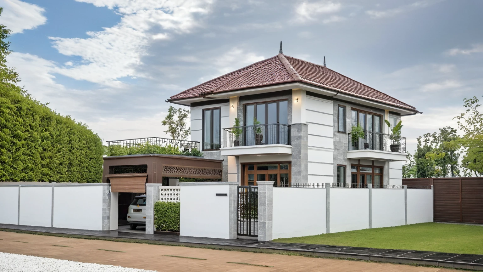 Raw photo,Masterpiece, high quality, best quality, authentic, super detail, exterior, outdoors, house style modern on the street,pavement, grass, trees, sky, cloud, (day:1.1), ((MIX WHITE AND Chocolate style color : 1.3)); (((CHOCOLATE COLOR STYLE ROOF TILES : 1.7))) ,((( japanese roof style : 1.3)))