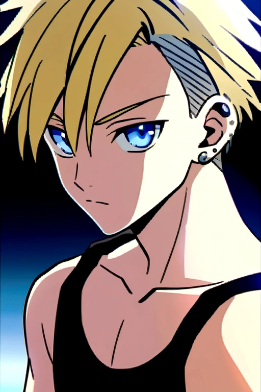 A calm and hot beautiful boy with blue eyes, messy blonde hair shaved on the sides, ear piercings and silver accessories, wearing tank top, anime styling