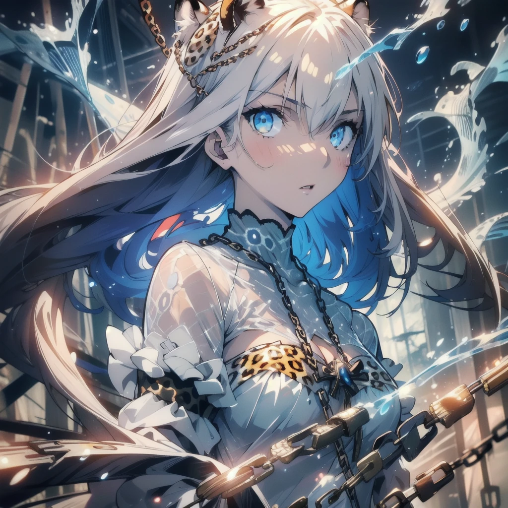 ((masterpiece, best quality)), Epic battlefield atmosphere，Delicate face，Leopard Woman，whole body，Standing picture，glowing white eyes，Large Breasts，Perfect body proportions，Pure white background，firefly，Water Ripples，Lace，Transparent sex bikini，Leopard，chain