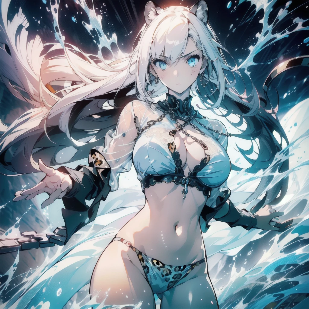 ((masterpiece, best quality)), Epic battlefield atmosphere，Delicate face，Leopard Woman，whole body，Standing picture，glowing white eyes，Large Breasts，Perfect body proportions，Pure white background，firefly，Water Ripples，Lace，Transparent sex bikini，Leopard，chain