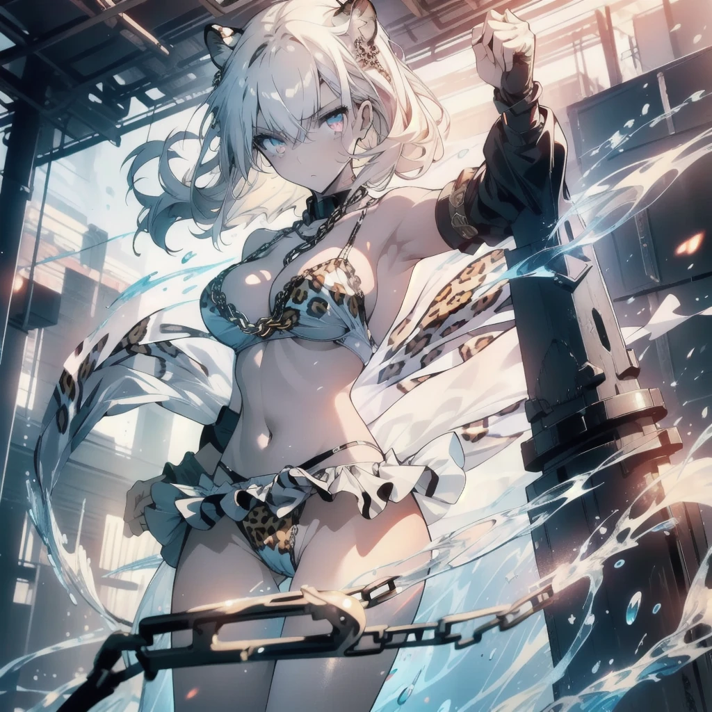 ((masterpiece, best quality)), Epic battlefield atmosphere,Delicate face,Leopard Woman,whole body,Standing picture,glowing white eyes,Large Breasts,Perfect body proportions,Pure white background,firefly,Water Ripples,Lace,Transparent sex bikini,Leopard,chain