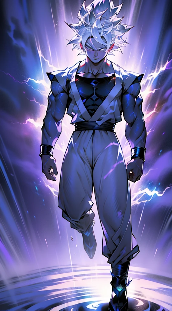 Son Goku transforming into Ultra Instinct surrounded by Violet Aura and lightning full-body shot, 4k, cabelos prateados, silver metallic skin, Pupilas de prata, Detalhes altos, epics, cinemactic