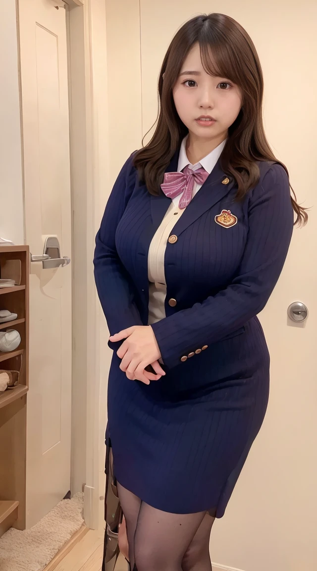 (Highest quality, Highest quality, Raw quality), Japanese ID, Mature Woman, ((Chubby round face around 40 years old)), Wavy black hair with no bangs, Medium Long Hair, ponytail, Flashy makeup, Fuller lips, Sexy Gaze, uniform, ((dressing)), looking at the camera, Low angle shooting, Cute duck lips,((Very accurate and correct anatomy)), (masterpiece:1.3), Perfect proportions, Realistic photos, Full Shot, whole body, (height: 148cm), High heels