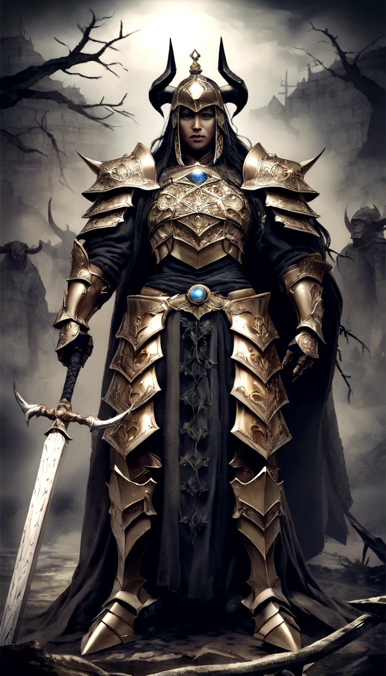 warrior, conceptual artwork,  Fantasyart, battlefield background, clean rendering, one horn, Wear armor, Bushido detailed in the form of smoke, helmet of a forgotten deity, character is standing, 8k realistic, in game rendering, detailed detail of the bottom of the face, Art station front page, bull, Fantasia pseudo-medieval, A deity wearing koi armor, Bronze Armor detalhada, Bronze Armor, golden engraved armor, Golden Obsidian Armor, Light golden armor, Beautiful filigree armor, A demonic warrior, Beautiful armor full of thorns, Complex killer armor, Complex metal armor, powerful warrior, Dressed in beautiful golden armor，Decorated with intricate patterns, The helmet has a large crown and two horns,eerie glowing red eyes， Everything is in the dark, The smoky background alludes to battle scenes, Add a sinister aura to your character，submission, full body shot shot.