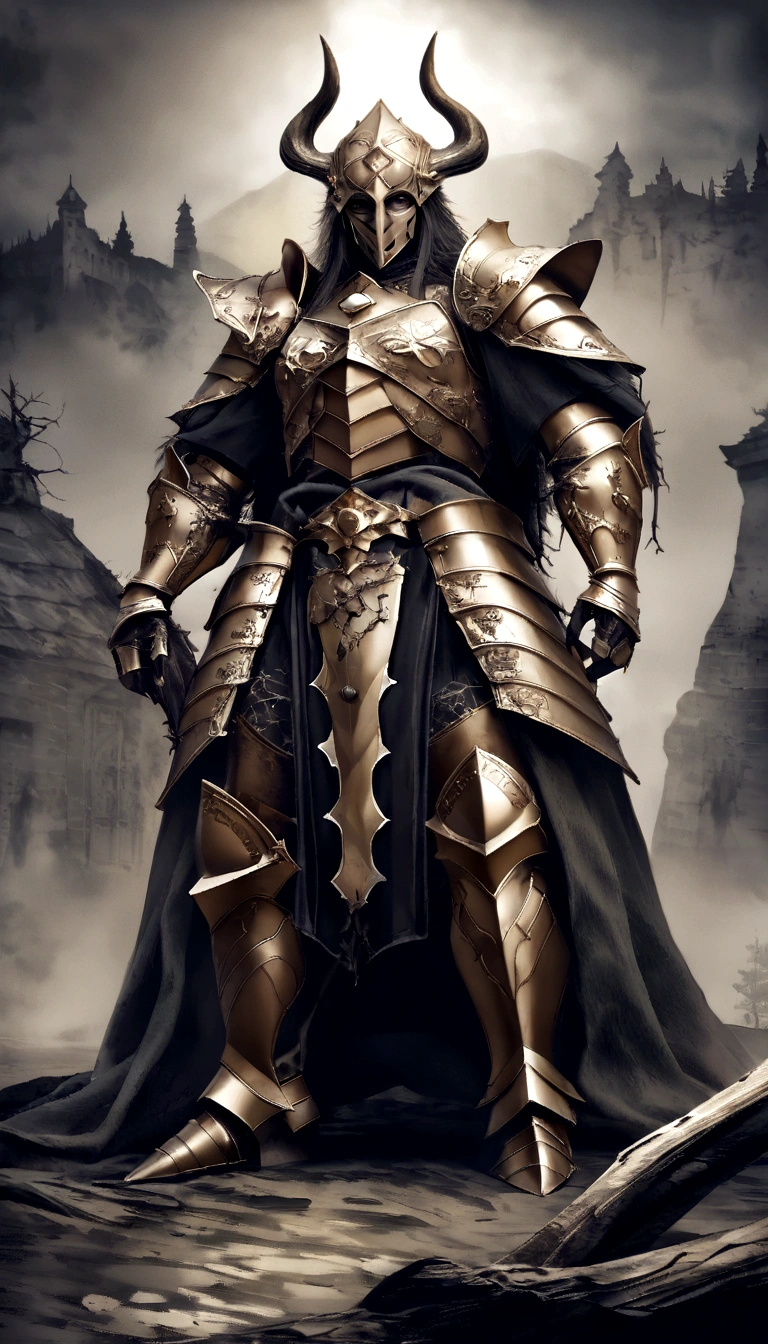 warrior, conceptual artwork,  Fantasyart, battlefield background, clean rendering, one horn, Wear armor, Bushido detailed in the form of smoke, helmet of a forgotten deity, character is standing, 8k realistic, in game rendering, detailed detail of the bottom of the face, Art station front page, bull, Fantasia pseudo-medieval, A deity wearing koi armor, Bronze Armor detalhada, Bronze Armor, golden engraved armor, Golden Obsidian Armor, Light golden armor, Beautiful filigree armor, A demonic warrior, Beautiful armor full of thorns, Complex killer armor, Complex metal armor, powerful warrior, Dressed in beautiful golden armor，Decorated with intricate patterns, The helmet has a large crown and two horns,eerie glowing red eyes， Everything is in the dark, The smoky background alludes to battle scenes, Add a sinister aura to your character，submission, full body shot shot.