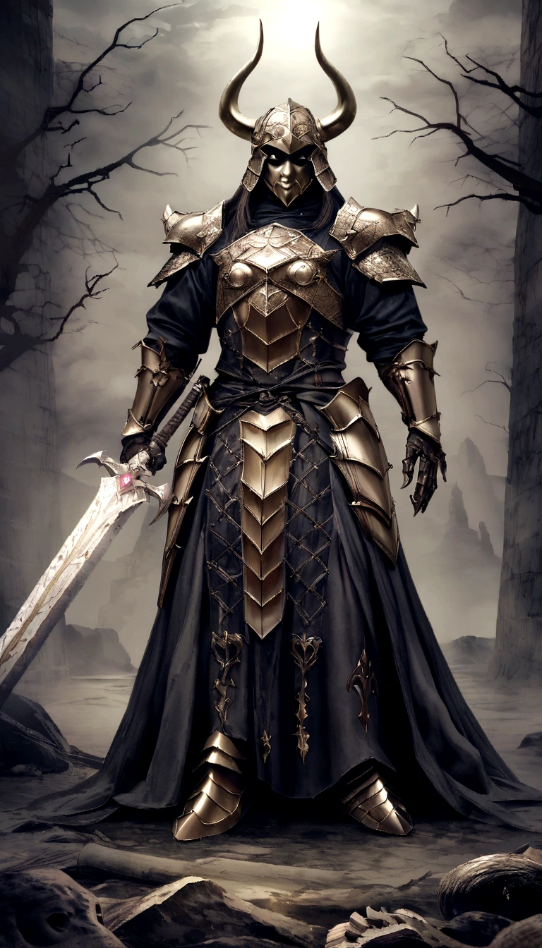warrior, conceptual artwork,  Fantasyart, battlefield background, clean rendering, one horn, Wear armor, Bushido detailed in the form of smoke, helmet of a forgotten deity, character is standing, 8k realistic, in game rendering, detailed detail of the bottom of the face, Art station front page, bull, Fantasia pseudo-medieval, A deity wearing koi armor, Bronze Armor detalhada, Bronze Armor, golden engraved armor, Golden Obsidian Armor, Light golden armor, Beautiful filigree armor, A demonic warrior, Beautiful armor full of thorns, Complex killer armor, Complex metal armor, powerful warrior, Dressed in beautiful golden armor，Decorated with intricate patterns, The helmet has a large crown and two horns,eerie glowing red eyes， Everything is in the dark, The smoky background alludes to battle scenes, Add a sinister aura to your character，submission, full body shot shot.