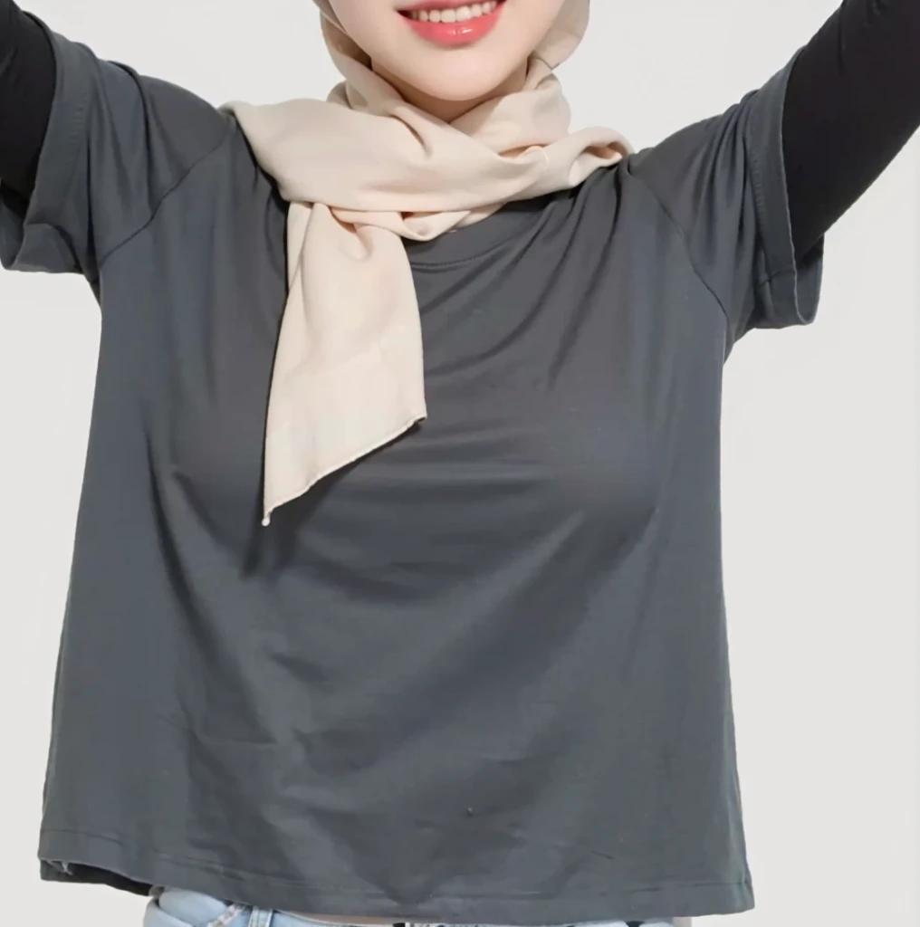 (Best quality, 8k, 32k, Masterpiece, UHD:1.2),Photo of Pretty Japanese hijab woman, large breasts, oversize crew shirt. hijab with scarf
