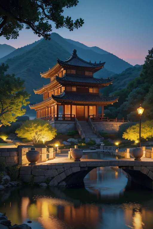 A beautiful detailed peach blossom garden in ancient China, lush peach trees in full bloom, intricate stone bridges, serene ponds with lotus flowers, exquisite traditional Chinese architecture, ancient scholars strolling through the garden, (best quality,4k,8k,highres,masterpiece:1.2),ultra-detailed,(realistic,photorealistic,photo-realistic:1.37),HDR,UHD,studio lighting,ultra-fine painting,sharp focus,physically-based rendering,extreme detail description,professional,vivid colors,bokeh,landscape,intricate details,cinematic lighting,warm color palette
